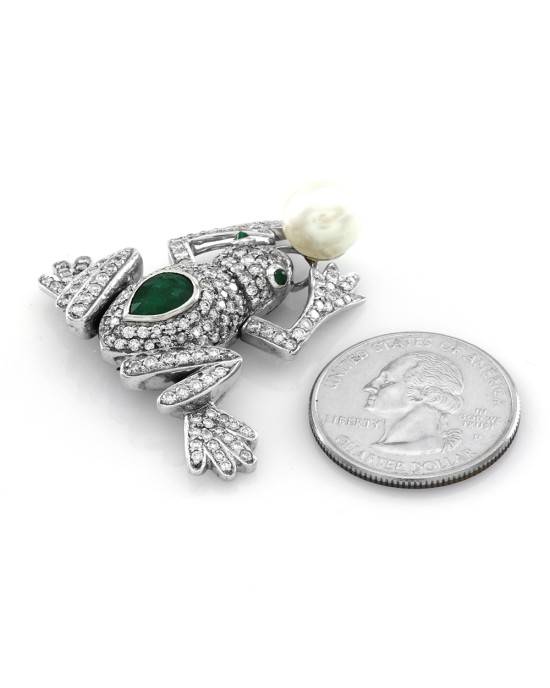 Emerald, Pave Diamond & Pearl Frog Brooch in 18K White Gold